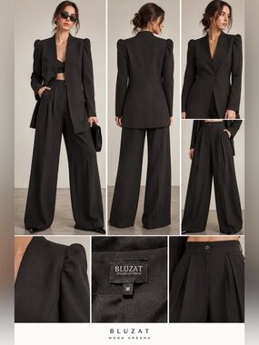 BLUZAT Black Sculpted Puff Shoulder Blazer Wide Leg Pants Suit M